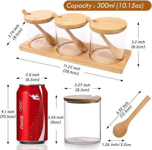 Outamateur Condiment Pots Seasoning Box Set Glass Condiment Canisters Pots with Bamboo Lids Spoon and Tray for Kitchen Coffee Bar Home(Set-of-3PCS)