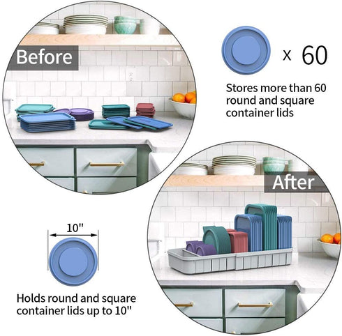 Expandable Food Container Lid Organizer, Extra Large Plastic Lid Storage Organizer for Kitchen Cabinet Pantry and Countertop, Gray