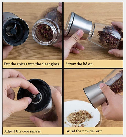 Stainless Steel Salt & Pepper Grinder with Lid, Ceramic Blades Glass Body Spice & Salt Shaker,Adjustable Coarseness Pepper & Salt Mill