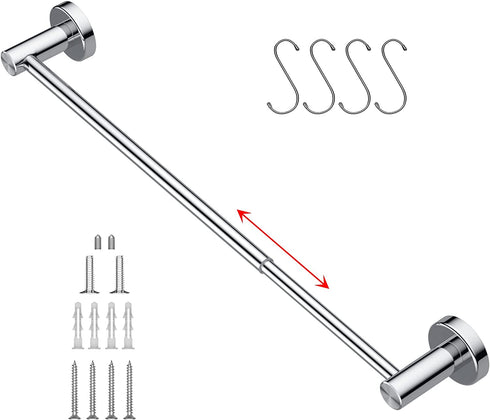 Adjustable 16 to 27.6 Inch Single Towel Bar, iMomwee Chrome Finished SUS304 Stainless Steel Bath Towel Holder, Wall Mounted Towel Rail for Bathroom Kitchen Washroom, 1" Diameter Towel Rod with Hooks