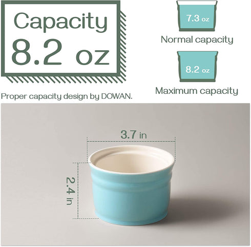 DOWAN Ramekins, Porcelain Ramekins 8 oz Oven Safe, Set of 6 Ramekins for Creme Brulee, Souffle Dishes Custard Cups Dessert Small Bowls for Pudding, Turquoise Ramekins for Baking