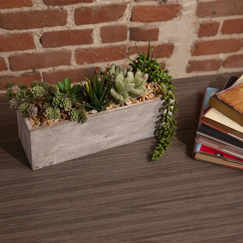 Houseables Succulent Plant Arrangement, Artificial Succulents Planter, 11.5 x 7.5 x 3.75, Assorted Plants, Long Rectangular Wood Centerpiece for Tables, Fake Cactus Decoration, Rustic, Faux Decor