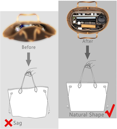 Purse Organizer Insert, Felt Purse Organizer with Zipper and Sewn Bottom Insert, Fit Speedy Neverfull Gracefull, Tote, Handbag, 5 Sizes (X-Large, Beige)
