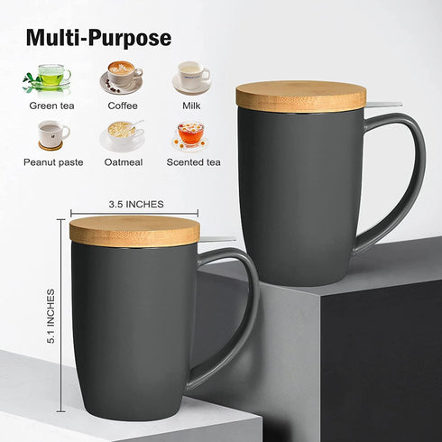 COYMOS Ceramic Tea Mug with Infuser and Lid, 16oz Loose Leaf Tea Cup Large Handle Teaware Mug, Tea Gift Sets for Tea Lover (Gray)