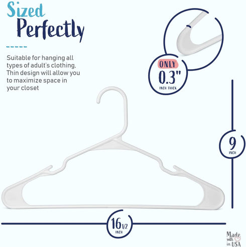 USA Made White Plastic Hangers 20 Pack Standard-Size Clothes Hangers with Notches Slim, Durable White Hangers for Clothing & Accessories Closet Organization Essentials for Home, Apartment, Dorm