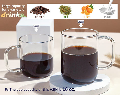 Aquach Glass Mugs 16 oz Set of 2, Large Clear Glass Cup with Handle for Hot/Cold Coffee Tea Beverage, Thicker Quality