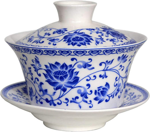 Chinese Porcelain Teacups 10oz Gaiwan Peony Lotus Flower Tureen Tradition Sancai Cover Bowl Lip Cup Saucer Tea Set (Blue lotus)