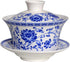 Chinese Porcelain Teacups 10oz Gaiwan Peony Lotus Flower Tureen Tradition Sancai Cover Bowl Lip Cup Saucer Tea Set (Blue lotus)