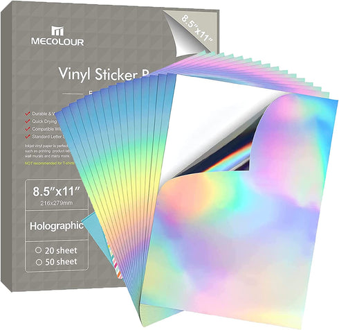 MECOLOUR Printable Holographic Sticker Paper 8.5'' * 11'' 20 Sheets Premium Rainbow Vinyl for Cricut Waterproof Dries Quickly Vivid Colors, Holds Ink Well- Tear Resistant for Inkjet & Laser Printer