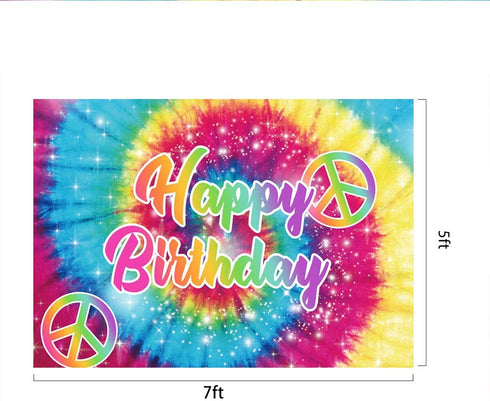 Lofaris Tie-Dye Birthday Party Photography Backdrop 60's Hippie Theme Happy Birthday Background Groovy Sign Rainbow Birthday Decorations Cake Table Banner Photo Booth Props 7x5ft