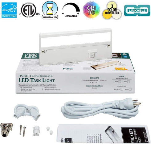 LED Under Cabinet Lighting by NSL - Dimmable Hardwired or Plugged-in Installation - 3 Color Temperature Slide Switch - Warm White (2700K), Soft White (3000K), Cool White (4000K) - 9 Inch White Finish