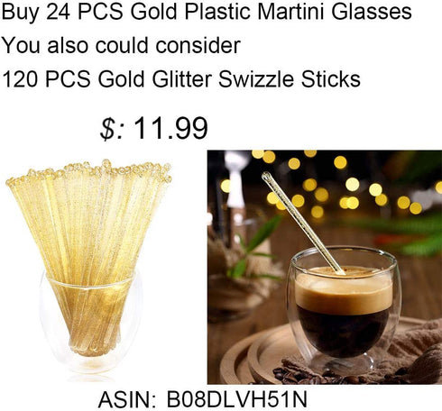 Liacere 24 Pack Gold Glitter Plastic Martini Glasses - 6.25oz Disposable Cocktail Glasses - Plastic Margarita Glasses Perfect for Wedding & Party