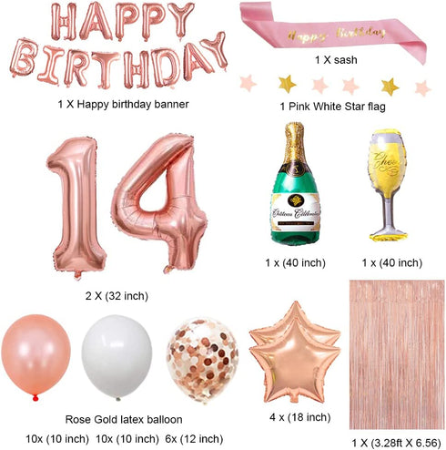 Fancypartyshop 14th Birthday Decorations - Rose Gold Happy Birthday Banner and Sash with Number 14 Balloons Latex Confetti balloons Ideal for Gir 14 Years Old Birthday Rose Gold