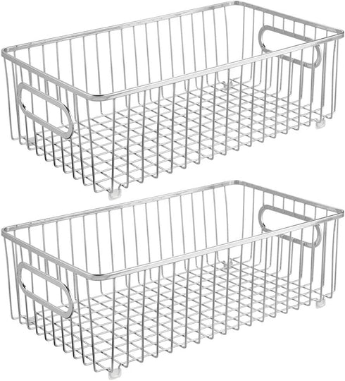 mDesign Metal Farmhouse Kitchen Pantry Food Storage Organizer Basket Bin - Wire Grid Design - for Cabinets, Cupboards, Shelves, Countertops - Holds Potatoes, Onions, Fruit - Large, 2 Pack - Chrome