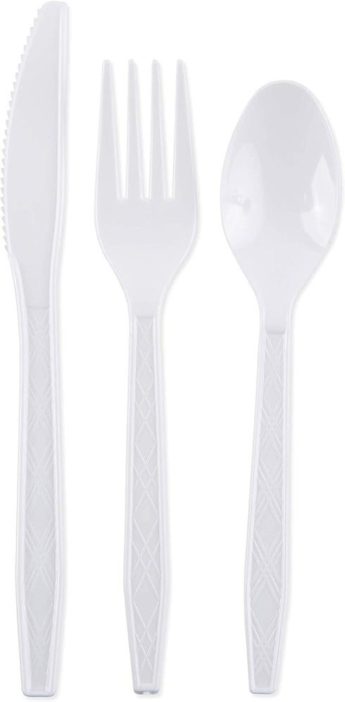 White Plastic Silverware | Heavy Duty & Solid Cutlery Disposable Utensils Set | Perfect for Weddings, Buffets, Luncheon & More | 180 Forks, 120 Spoons & 60 Knives Combo Pack | 360 Count