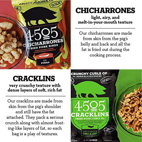 4505 Meats Spicy Green Chili and Lime Cracklins, Fried Pork Rinds, Keto Certified, Family Size Bag, 14 Servings, 7 Ounce