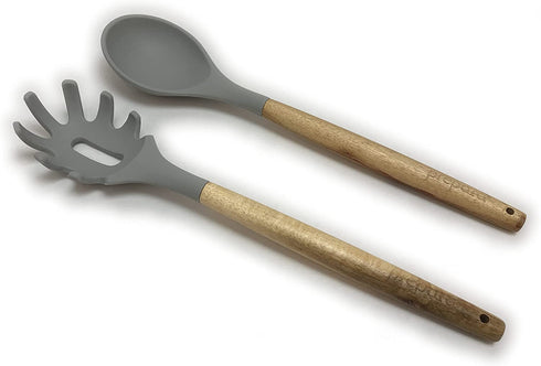 Prepara Acacia and Silicone Spaghetti and Solid Spoon Set Cooking Utensils, set of 2, Pewter Grey