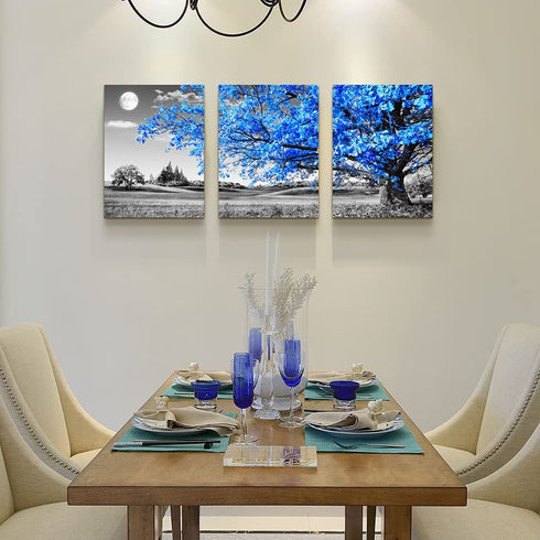 Wall Art For Living Room black and white Blue tree moon Canvas Wall Decor for Home artwork Painting 12" x 16" 3 Pieces Canvas Print For bedroom Decor Modern Salon kitchen office Hang a picture