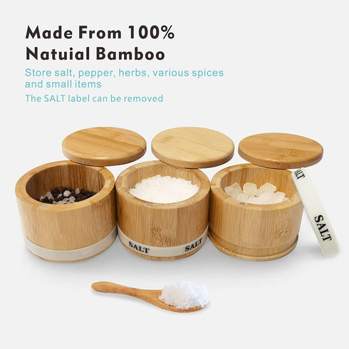 Thougrlyh Salt and Pepper Bowls Bamboo Pepper Salt Box with Swivel Lid and Spoon 2 Piece Set Salt and Pepper Cellar to Easily Open and Seal with 2 Spoon Storage Spice Pepper Salt Container