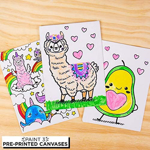Horizon Group USA Pre-Printed Canvas & Paint Art Set. Ready to Paint 5" x 7" Canvas Panels, 12 Tempera Paints, 6 Easy-Grip Assorted Paintbrushes Included. Avocado, Llama, Rainbow Friends.