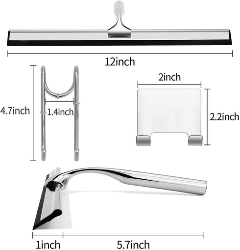 VIVIBEAUTY Shower Squeegee for Glass Doors, 12-Inch Stainless Steel Squeegee for Shower Glass Door, Mirror, Windows, 1 Replacement Silicone Blade and 2 Hooks, Silver