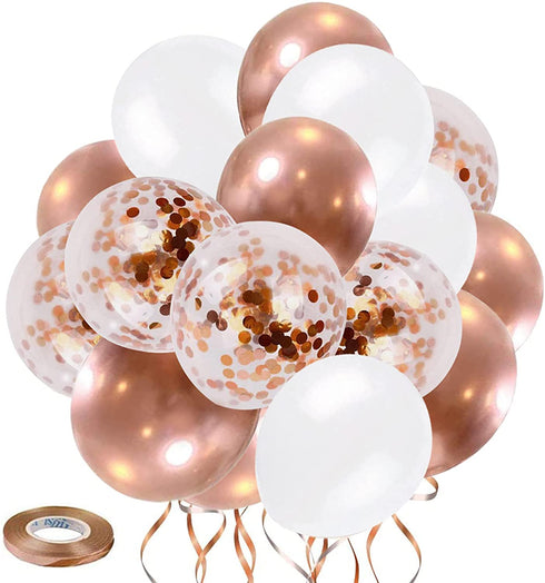 Rose Gold Confetti Latex Party Balloons, 60Pcs 12Inch White Rose Gold Balloons For Wedding Birthday Bachelorette Bridal Shower Engagement Baby Shower Princess Party Decorations with 33FT Ribbon