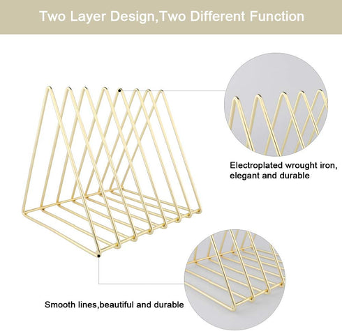 Urban Deco Triangle Desk File Organizer Metal Magazine Rack 7 Section Magazine File holder for Desk Record stand Gold Desk Organizer Magazine Storage For Home (2 Pack)