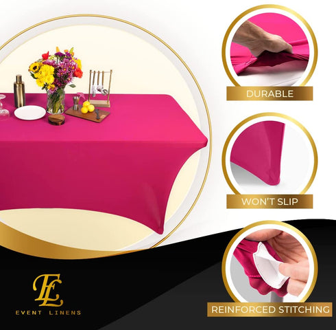Fuchsia 6ft Tablecloth Rectangular Spandex Linen - Table Cloth Fitted Cover for 6 Foot Folding Table, Wedding Linens Banquet Cloths Rectangle Covers