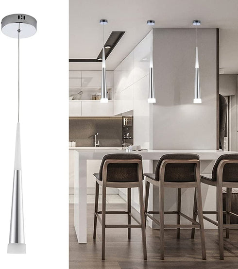 Modern Mini LED Pendant Light Fixture, Harchee Pendant Lighting with Silver Brushed Finish, Vintage Farmhouse Pendant Lamp for Kitchen Island Dining Room Bedroom Bar Living Room, 6000K, 1-Pack