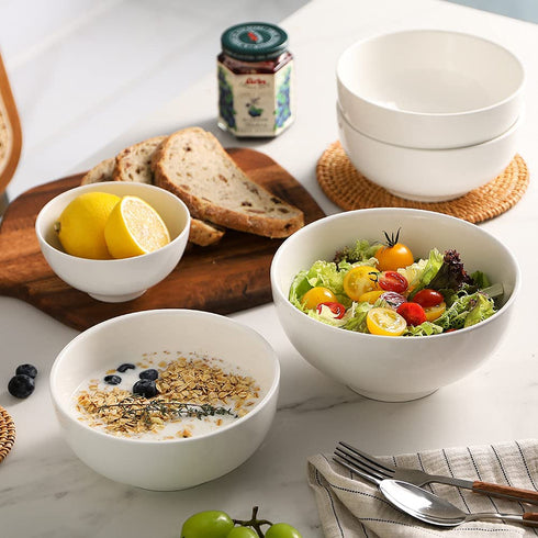 SWEEJAR 39 Ounce Serving Bowls for Salad Pasta Side Dish, 7 inch Ceramic Bowl Set for Family Daily Use, Stackable Bowls for Kitchen, Set of 4 (White)