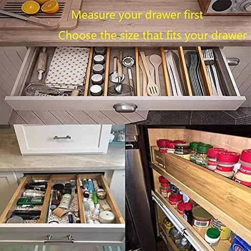 Drawer Dividers Pack of 4, Adjustable Bamboo Clothing Drawer Organizers Spring-loaded, Durable Expandable Organization Separators for Dresser, Kitchen, Bedroom, Bathroom, Office, 13.25-16.75 in