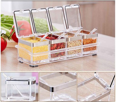 LOYUYU Seasoning Box, Seasoning Rack Spice Pots, 4 Piece Clear Acrylic Cruet, Storage Container Condiment Jars with Cover and Spoon 304 Steel Edge