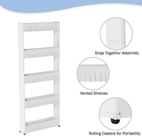 Mobile Shelving Unit Organizer with 5 Large Storage Baskets, Slim Slide Out Pantry Storage Rack for Narrow Spaces by Everyday Home