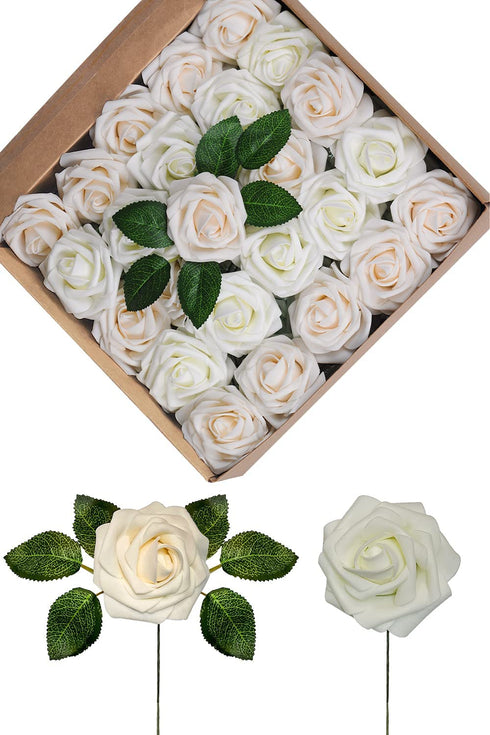 GeeSoft Valentine's Day Artificial Flowers Fake Roses 50 PCS w/Stem Rose Heads for Bouquets for Wedding Decorations Centerpieces Arrangements Party Home Decor (Cream White+Champagne, 50pcs)
