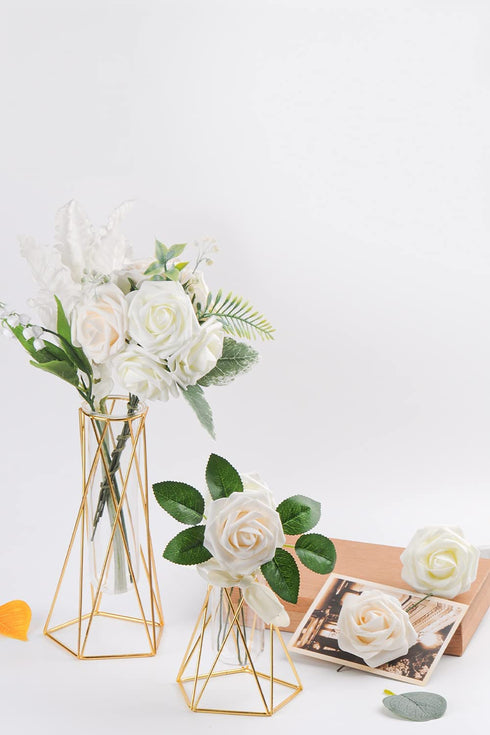 GeeSoft Valentine's Day Artificial Flowers Fake Roses 50 PCS w/Stem Rose Heads for Bouquets for Wedding Decorations Centerpieces Arrangements Party Home Decor (Cream White+Champagne, 50pcs)