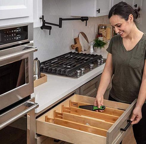 Lawei 4 Pack Bamboo Drawer Dividers - Adjustable Expandable Drawer Organizers Spring Loaded Drawer Separators for Kitchen Office Room Drawer