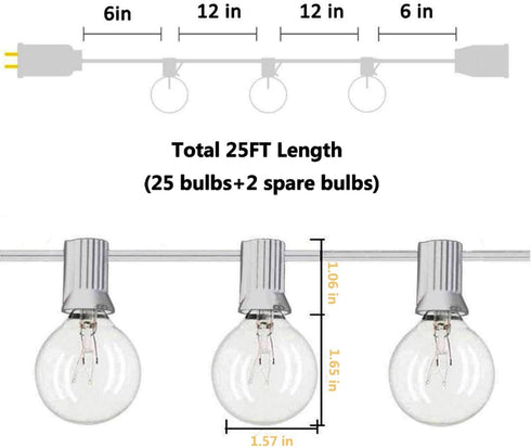 25Ft String Lights, G40 Outdoor Patio String Lights with 27 Clear Globe Edison Bulbs (2 Spare), Globe String Lights for Indoor/Outdoor Commercial Decor, 25 Hanging Sockets, 5 Watt/E12 Base- White Wire