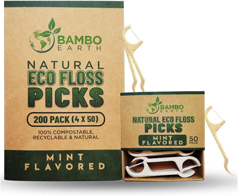 Natural Dental Floss Picks - Eco Friendly Cruelty Free & Vegan Tooth Flossers Pick Set with Biodegradable and Compostable BPA Free Handle & Zero Waste Packaging - 200 Pack (Mint Flavored)