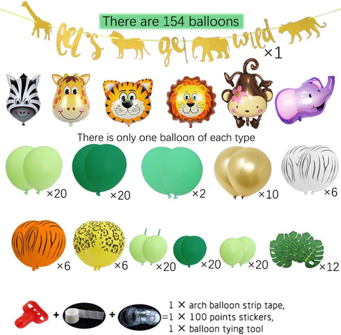 foci cozi 148 Pack Jungle Safari Theme Party Decorations Set?148 latex balloons, 12 Green Palm Leaves, 1 banner 4 cake topper 16 feets Arch Balloon strip tape, 1 Balloon tying tools Safri party Supplies Favors for Kids Boys Birthday Baby Shower Decor