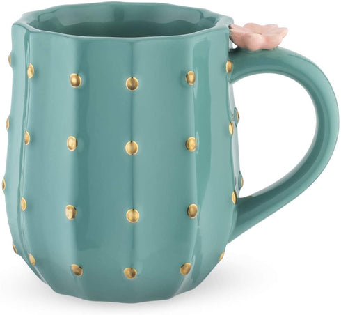 Pinky Up Cactus Mug, 3D Green Ceramic, Gold Details, Holds 10 Ounces, Coffee & Tea Accessories, Cute Succulent Coffee Mug