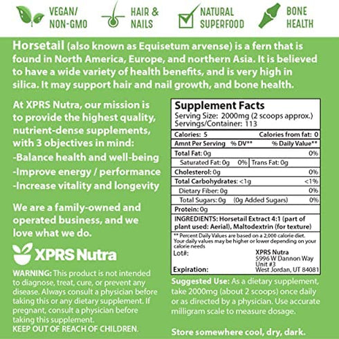 XPRS Nutra Horsetail Extract Powder for Hair, Nail, and Bone Growth - High Potency Horsetail Root Powder - High Silica Content for Maximum Growth - Vegan Friendly Horstail Extract (8oz)