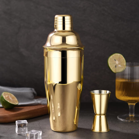 LUCKYGOOBO Cocktail Shaker with Double Measuring Jigger,18/8 Stainless Steel 24oz Martini Shaker Set,Drink Shaker Built-In Strainer,Bartender Kit. (Gold)