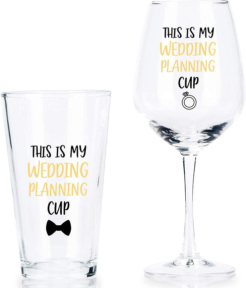 This is My Wedding Planning Cup, Beer Glass and Wine Glass Set for Him Her Couples Newlyweds Engagement Party Wedding Valentine's Day, Novelty Wedding Gift Idea for Bride and Groom, 15Oz (Set of 2)