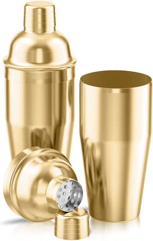 LUCKYGOOBO Cocktail Shaker with Double Measuring Jigger,18/8 Stainless Steel 24oz Martini Shaker Set,Drink Shaker Built-In Strainer,Bartender Kit. (Gold)