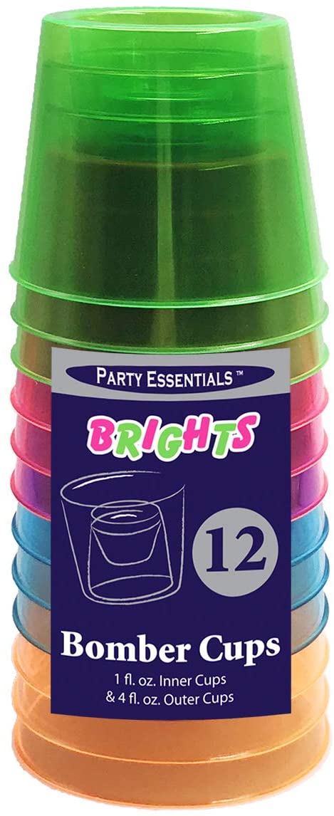Party Essentials Hard Plastic 4-Ounce Bomber Cups, Assorted Neon, 12-Count