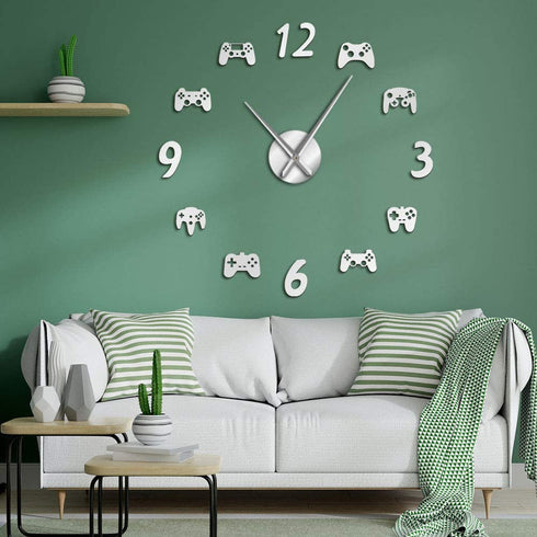 The Geeky Days Video Game Controllers DIY Large Wall Clock Game Room Decor Modern Design Freamless Giant Wall Clock Game Boys Room Wall Watch (Silver)