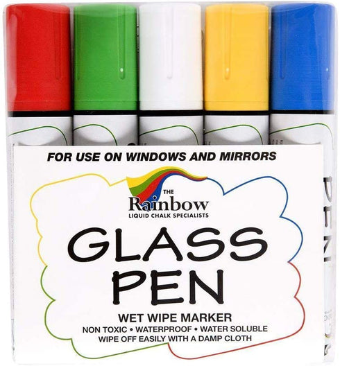 Glass Pen Window Marker: Red, Yellow, Blue, Green, White - Jumbo Glass Markers, Car Marker, Washable Paint Pens - Car Windows, Mirror, Storefront Windows, Parade & Party, Holiday (5 Pack - Wide Tip)