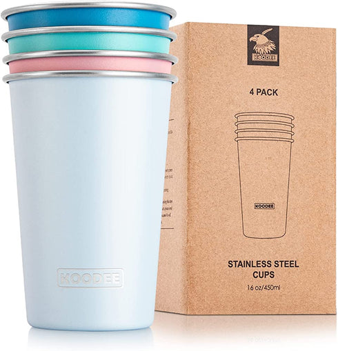 Koodee Stainless Steel Cups(4 Pack)16 oz Pint Tumbler Stackable Metal Drinking Glasses for Camping, Outdoors?Sky Blue-Baby Blue-Pink-Teal?