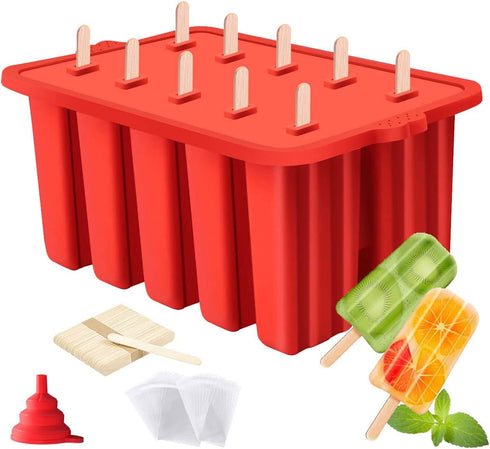 Silicone Popsicle Molds,BPA Free Popcylce Molds,Food Grade Reusable Popsicle Mold for Kids, Homemade Popsicles Molds,Ice Cream Mold,Ice Pop Molds Maker with Popsicle Sticks,Popsicle Bag,Funnel (Red)