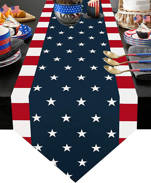 Bosstar Independence Day 4th of July Table Runner Dresser Scarves American Flag Cotton Linen Kitchen Home Decor Table Runners for Party Wedding Dining (Blue, 13 x 70 inches)